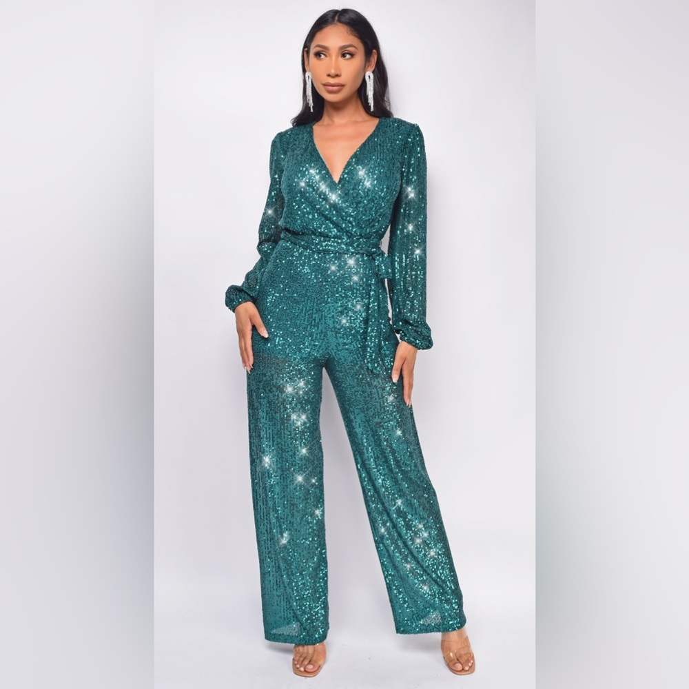 ZANETA GREEN SEQUIN JUMPSUIT